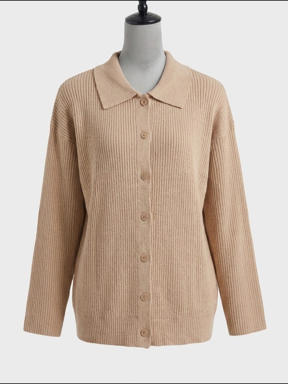 Beige Ribbed Button-Front‎ Sweater Cardigan